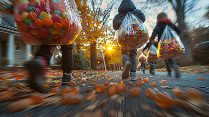 Trick-or-treat bags overflowing with a colorful assortment of candies, captured in dynamic motion blur photography