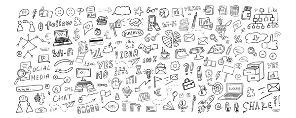 Large set of hand drawn business elements. Office. Doodle style. Hand drawn vector illustration EPS10. Great for banner, posters, cards, stickers and professional design.