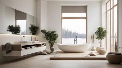 Fototapeta premium A modern and minimal bathroom interior with bathtub.
