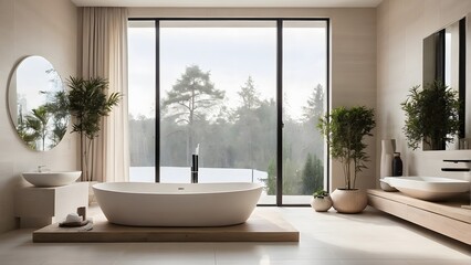 Fototapeta premium A modern and minimal bathroom interior with bathtub.