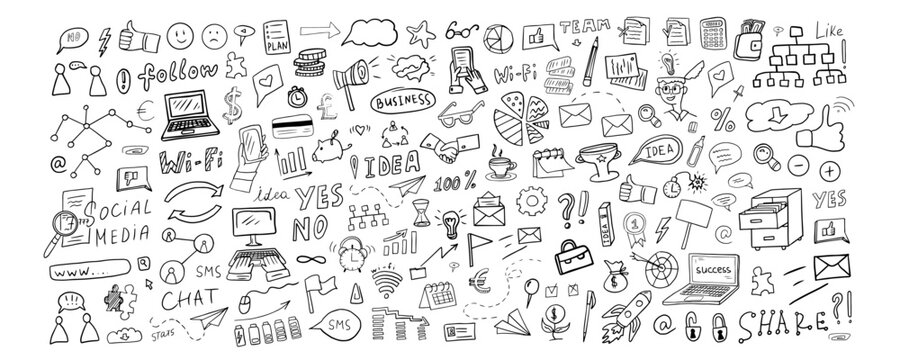 Large set of hand drawn business elements. Office. Doodle style. Hand drawn vector illustration EPS10. Great for banner, posters, cards, stickers and professional design.