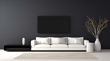 A sleek black and white room with a glossy black TV stand, a white sectional sofa, and a blank empty white frame mockup on the wall.