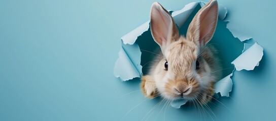 Rabbit head sticking out of a hole on a blue background