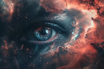 Produce a close-up shot of a vibrant nebula, blending digital techniques for a mesmerizing, dreamlike result