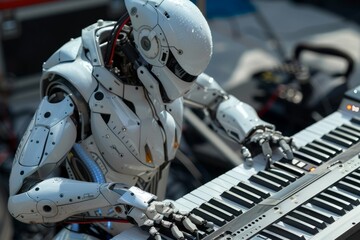Fototapeta premium Futuristic robot playing on a synthesizer musical instrument