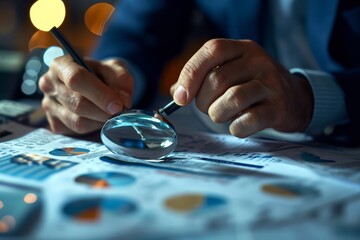 Businessman analyzing a financial report with a magnifying glass