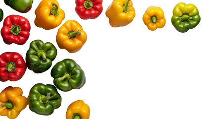 A variety of differently colored peppers arranged neatly on a plain white background