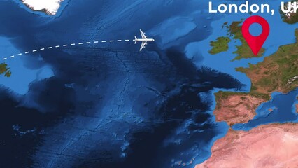 International flight travel route from New York to London on worlds map in 4K