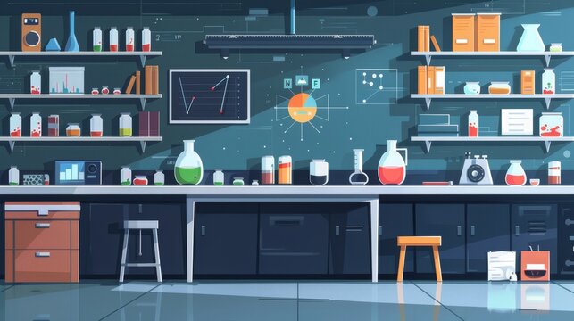 Carbon flat design side view science lab theme cartoon drawing Tetradic color scheme