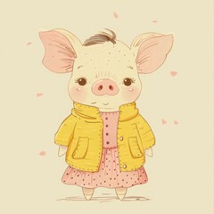 Cute cartoon pig in a yellow coat and pink dress.