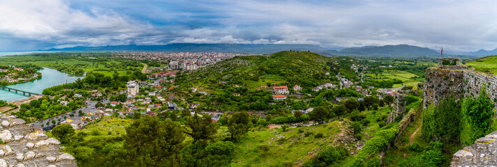 A panorama view from Rozafa castle over Shkoder in Albania in summertime