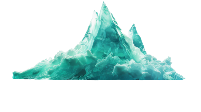 A large iceberg is positioned in the center of a completely white background, showcasing its imposing presence against a blank canvas