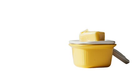 A small yellow container with a spoon placed inside it