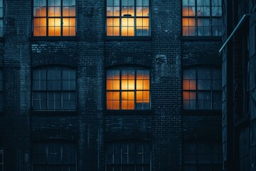Warm sunset glow reflected on the windows of a dark industrial brick building