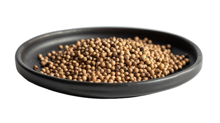 A black bowl containing brown lentils placed on a plain white background