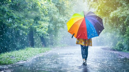 Happy woman walking under summer rain with a vibrant umbrella, front view, symbolizing joy and freedom, advanced tone, vivid color scheme