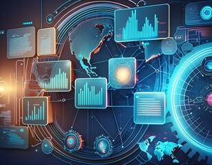 Intelligence dashboard on virtual screen, internet, digital technology, business intelligence, concept map