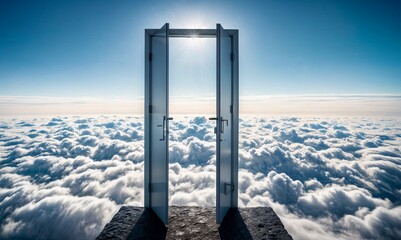 door stands open on a mountaintop, revealing a sky filled with clouds. The sun shines through the door, casting light on the clouds below.