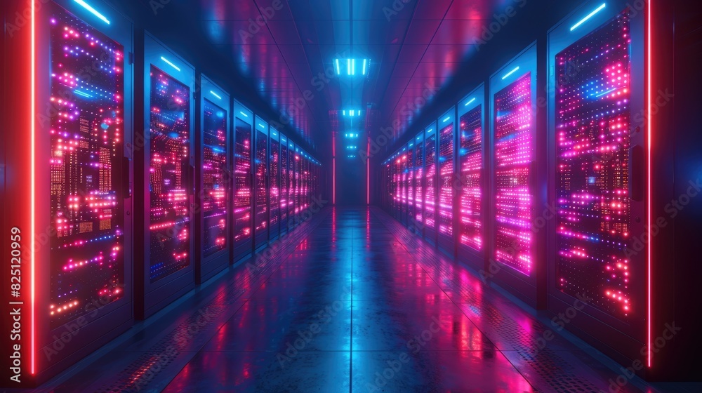 Wall mural Rows of Glowing Server Racks in a Modern Data Center.