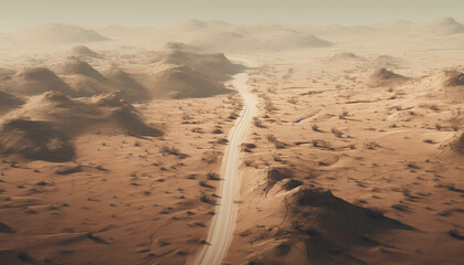 Aerial view of a long, winding road through a barren desert landscape with distant mountains and a clear sky.