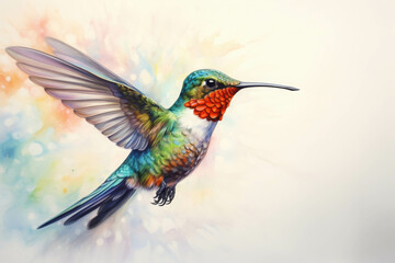 Obraz premium Detailed illustration of a vibrant hummingbird in mid-flight with colorful splashes in the background, showcasing nature's beauty.