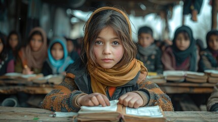 A young girl sits in a classroom. She is wearing a traditional headscarf 