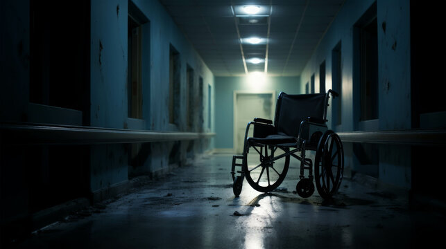 Dimly lit hospital corridor with an empty wheelchair, creating a haunting and eerie atmosphere. Perfect for medical or horror themed projects.