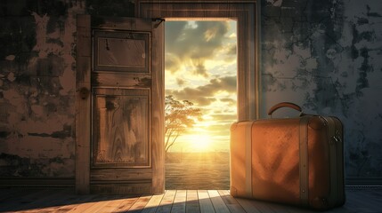 Embracing New Opportunities and Positive Life Changes Through the Symbolic Open Door with travel baggage