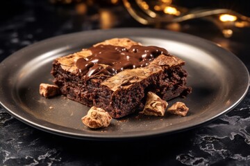 Hearty brownie on a porcelain platter against a polished metal background
