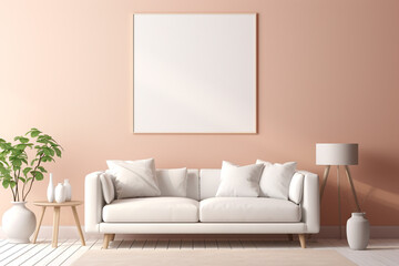 A sleek living room in shades of soft peach, featuring minimalist furniture and an empty white frame mockup on the wall.
