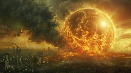 The world is ending in a fiery apocalypse. The sky is filled with debris and the city is in ruins.