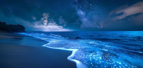 A tropical beach with bioluminescent plankton washing ashore, the night sky twinkling with stars as the waves glow with an ethereal blue light. - Powered by Adobe