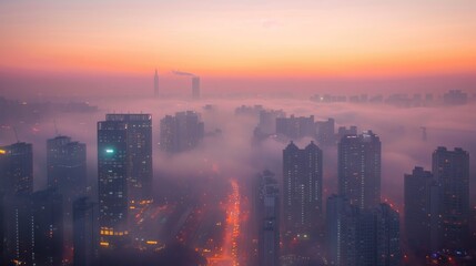 Fototapeta premium A city shrouded in mist with the sun rising in the background.
