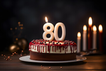 Number eighty 80 candle lit on top of a chocolate confetti cake.
