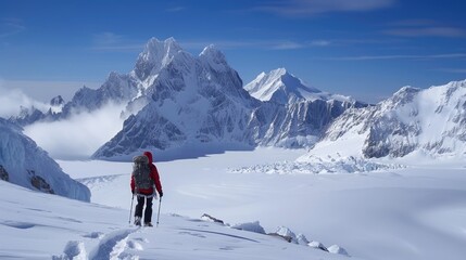 A mountain climber in a red jacket is walking on a glacier. The climber is surrounded by snow-capped mountains.