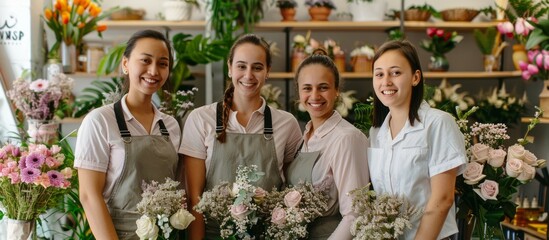 Smiling Flower Shop Team in Uniform at the Flower Shop