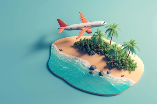 3d illustration of an airplane flying to the beautiful island