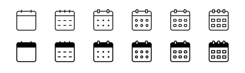 Calendar icon set. Line and glyph calendar set. Month cal