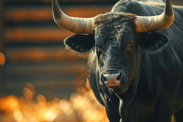 Powerful black bull with curved horns stands in a warm, glowing light