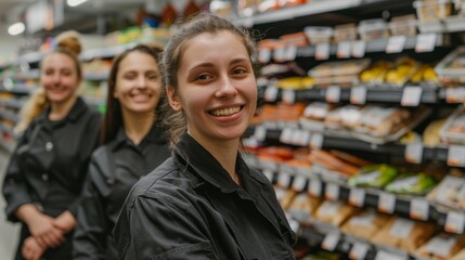 Smiling Supermarket Team in Uniform in Supermarket Aisles
