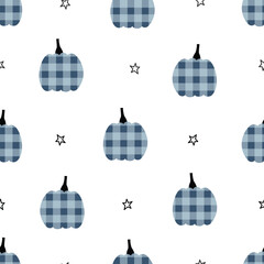 Seamless Blue Gingham Pumpkin Pattern on White Background