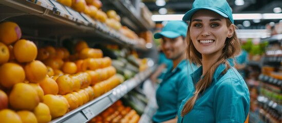 Smiling Supermarket Team in Uniform in Supermarket Aisles