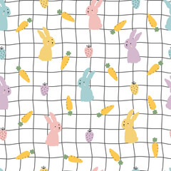 Seamless Pattern with Bunnies, Carrots and Strawberries on a Checkered Background