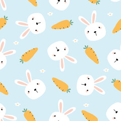 Cute Bunny and Carrot Seamless Pattern on Light Blue Background
