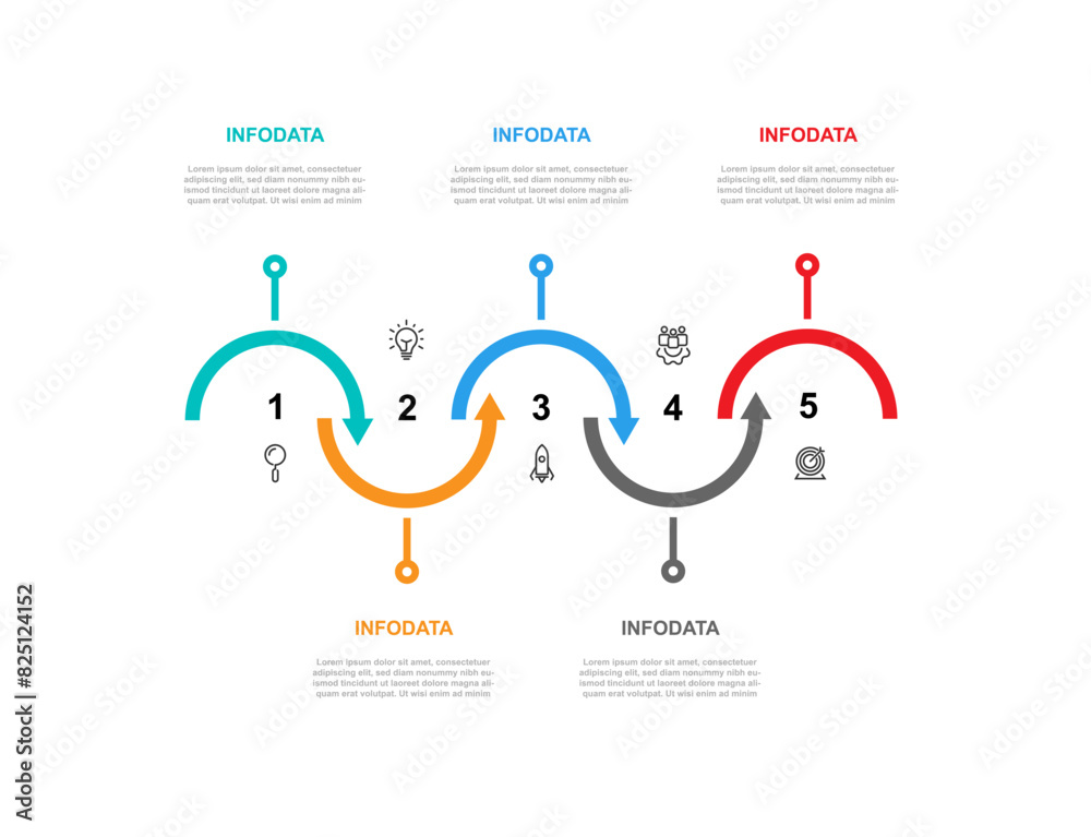 Poster Timeline process infographic template vector with 5 step, option or section suitable for workflow, presentation, business information, and web graphic design 