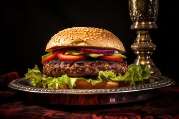 Exquisite burguer on a metal tray against a leather background