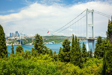 Bosphorus suspension bridge over the sea in the Istanbul city