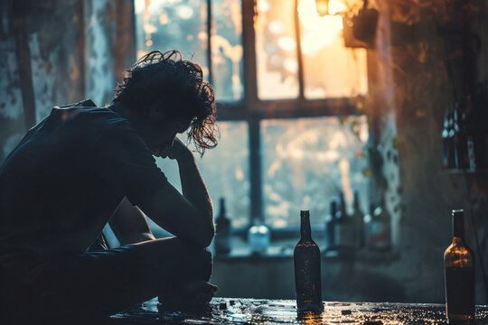 Alcohol addiction concept, a man sitting in a dark room surrounded by bottles of alcohol