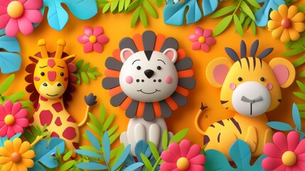 Naklejka premium Playful illustration of a giraffe, lion, and tiger in a jungle with vibrant flowers and leaves. Perfect for children's themes.