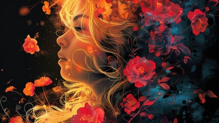 A beautiful girl with long flowing hair is surrounded by red and orange flowers abstract painting background